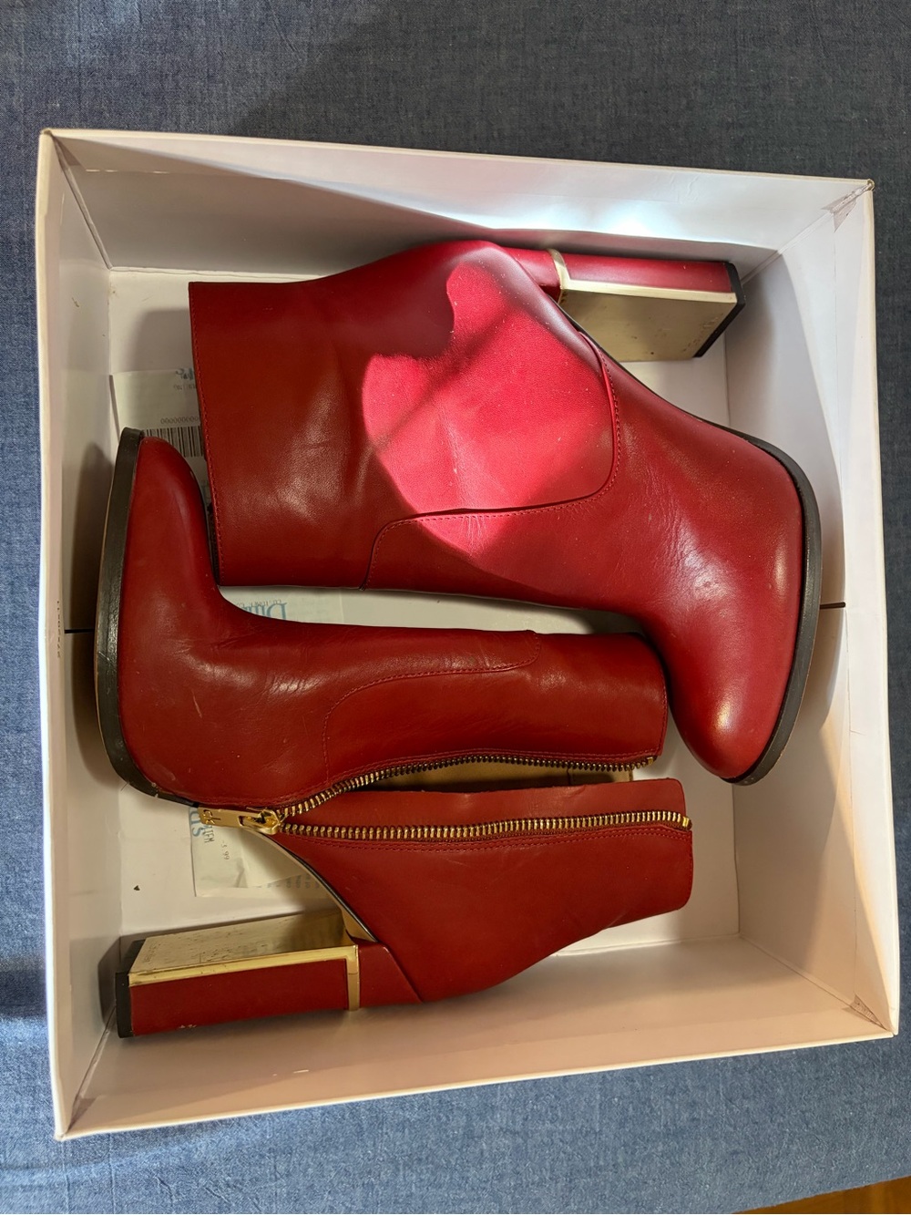 Calvin Klein Red Leather Ankle Booties with Gold Block Heel
